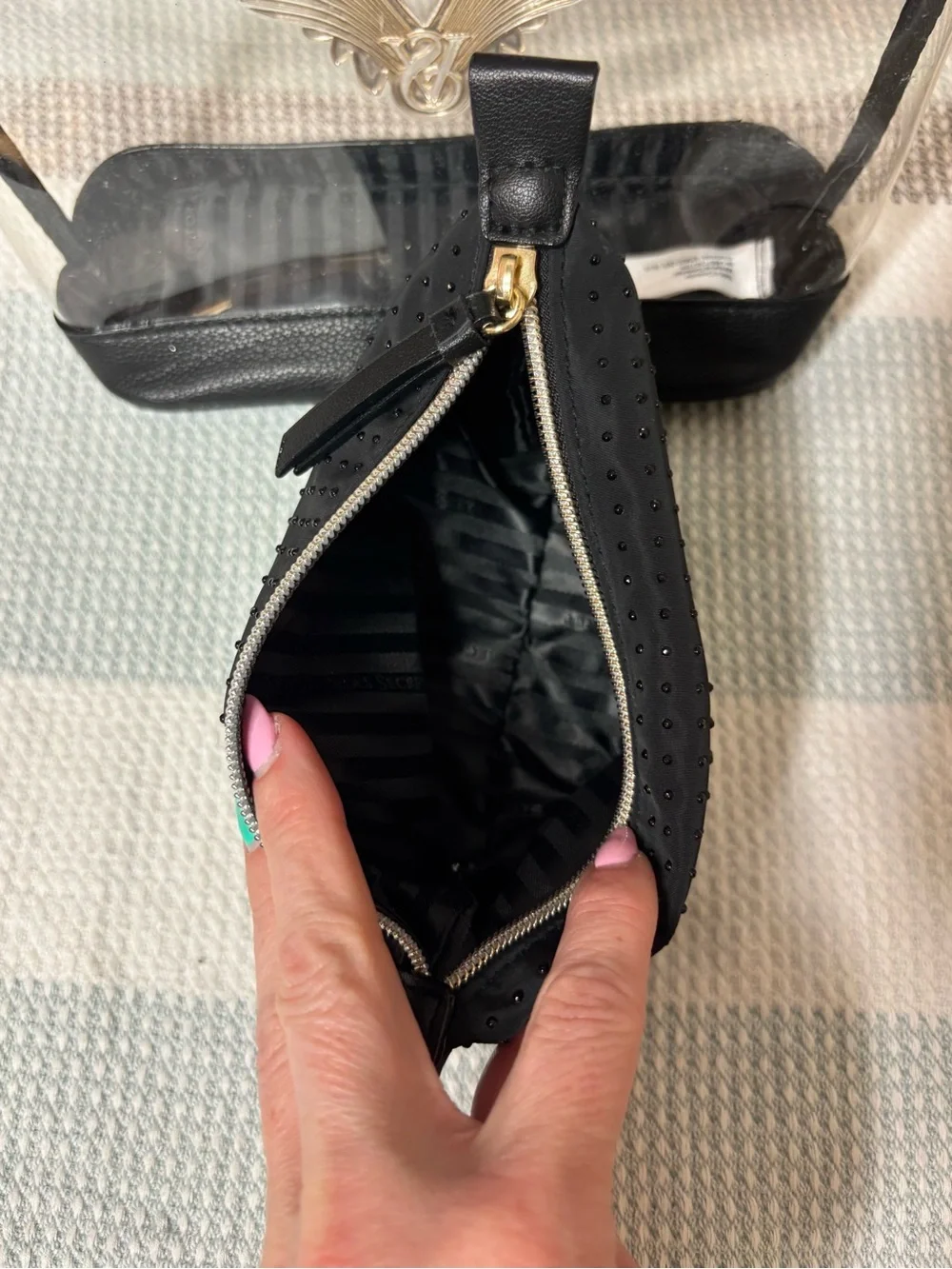Victoria’s Secret Clear Vinyl and black rhinestoned Cosmetic Pouch set